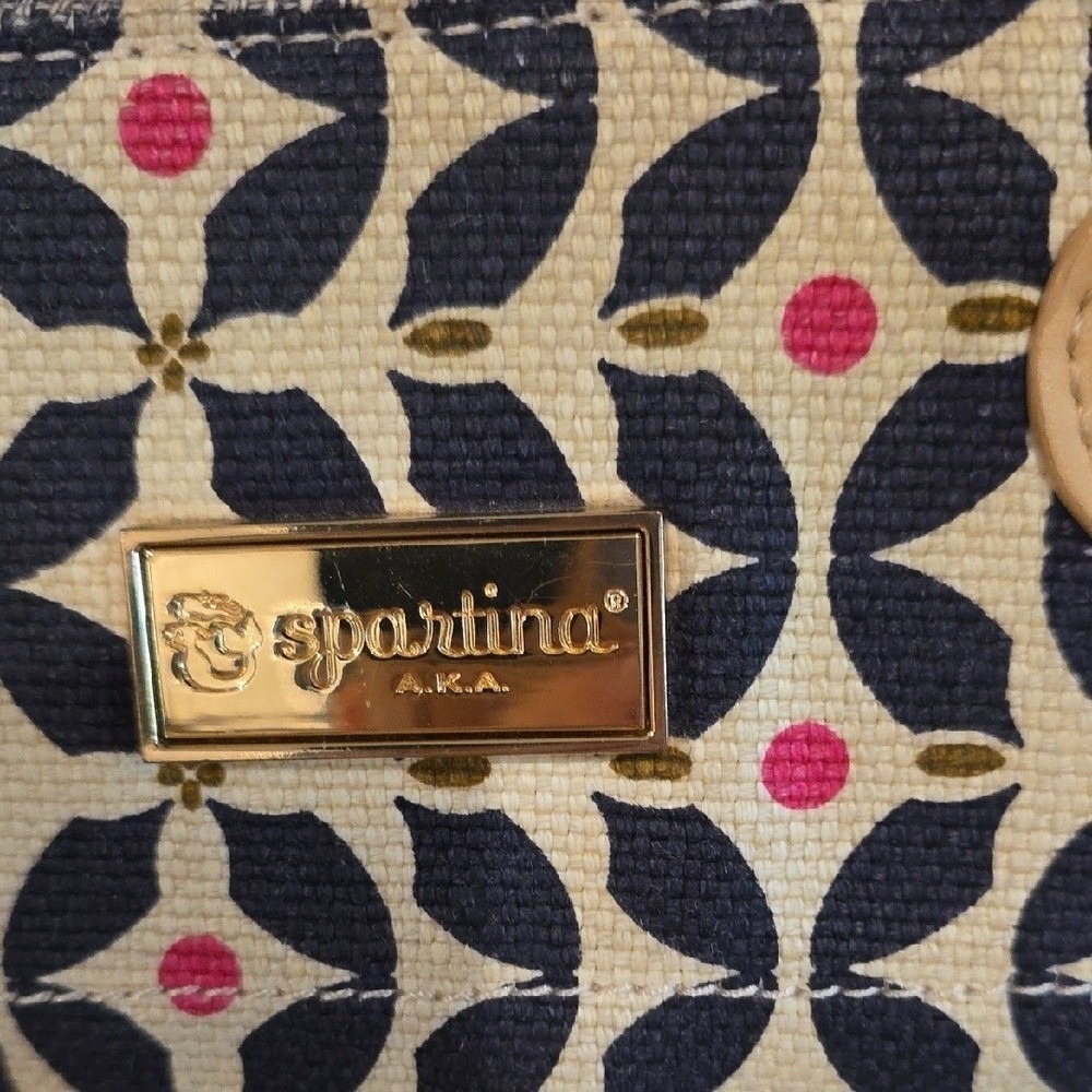 Spartina 449 Tote Bag Navy Pink Geometric Floral Canvas Leather Shoulder Bag - Picture 3 of 13